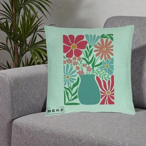 Perna Decorativa Flori in Vaza Turcoaz, 40x40 cm, Verde Menta, Husa Detasabila, Perna Inclusa, BEKZ®