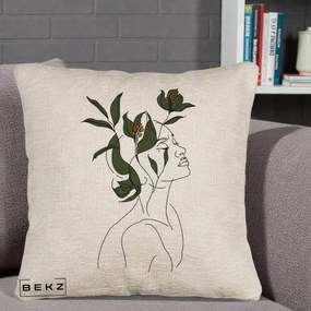 Perna Decorativa Portret Feminin Crin Verde, 40x40 cm, Bej Canapea, Husa Detasabila, Perna Inclusa, BEKZ®