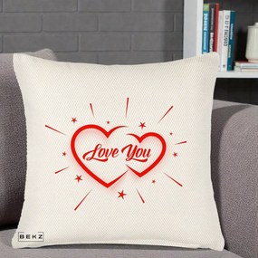 Cadou Romantic - Perna Personalizata Love You Doua Inimi, 40x40 cm, Crem Reliefat, Husa Detasabila, Perna Inclusa, BEKZ®