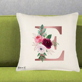 Cadou Personalizat - Perna Personalizata Monograma Rose Gold Litera E, 40x40 cm, Crem Reliefat, Husa Detasabila, Perna Inclusa, BEKZ®