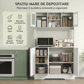 HOMCOM Dulap Bucătărie de 180cm, Dulap Înalt cu 4 Compartimente, Uși din Sticlă Securizată, 2 Rafturi Deschise, Rafturi Reglabile, Blat pentru Electrocasnice, pentru Bucătărie sau Living, Alb | Aosom Romania