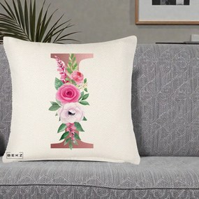 Cadou Personalizat - Perna Personalizata Monograma Rose Gold Litera I, 40x40 cm, Crem Reliefat, Husa Detasabila, Perna Inclusa, BEKZ®