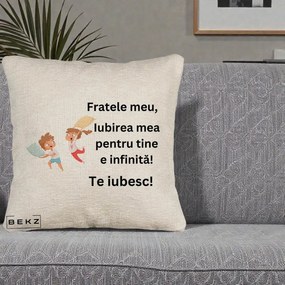Cadou pentru Frate - Perna Personalizata Fratele Meu Te Iubesc Copii Batalie Perne, 40x40 cm, Bej Canapea, Husa Detasabila, Perna Inclusa, BEKZ®