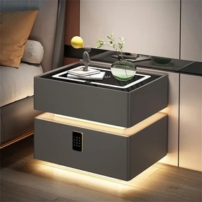 Noptieră inteligentă multifuncțională, sertar tip seif cu blocare cu parolă, încărcare Wireless, iluminare LED touch în 3 culori, Gri
