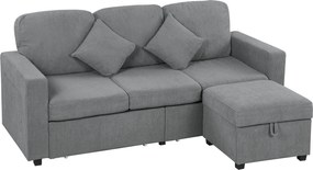 HOMCOM Divan 3 Locuri cu Pouf de Depozitare din Velur cu Nervuri 196x139x85 cm, Gri | Aosom Romania