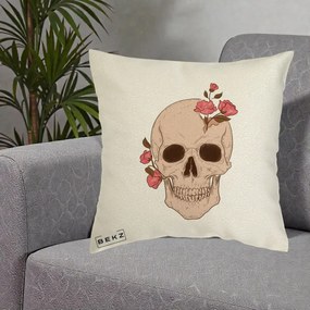 Perna Decorativa Craniu Floral Gothic, 40x40 cm, Ecru, Husa Detasabila, Perna Inclusa, BEKZ®