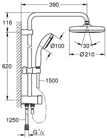 Sistem dus New Tempesta 210 fara baterie,cu diverter,palarie 210mm,furtun dus,brat rotativ-26381001