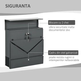 HOMCOM Cutie Postala din Otel Zincat cu Suport Ziare si 2 Chei de Securitate incluse, 37x10.5x37 cm, Gri | Aosom Romania