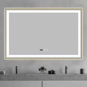 Oglindă Baie LED și Dezaburire Elit's Premium cu Senzor Touch, Lumina Rece, Caldă și Neutră, 100x80 cm, cu rama Bronz Gold Antichizat, Ceas