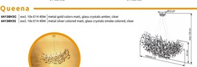 Lustra suspendata metal auriu mat, cristale de sticla QUEENA