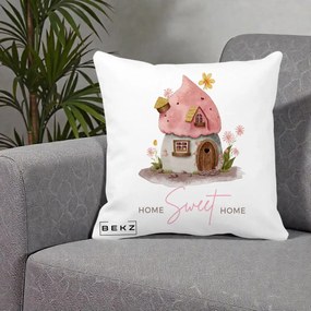 Perna Decorativa Home Sweet Home Casuta, 40x40 cm, Alba Mata, Husa Detasabila, Perna Inclusa, BEKZ®