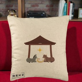 Perna Decorativa Ieslea din Betleem cu Iesle Asin si Bou, 40x40 cm, Bej, Husa Detasabila, Perna Inclusa, BEKZ®