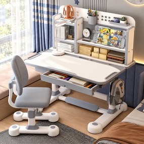Set birou și scaun pentru copii, reglabile pe înălțime, blat înclinabil 0–50°, organizator cu rafturi, 80 × 60 cm, gri