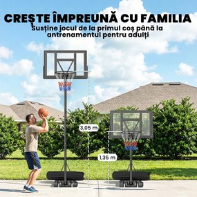 SPORTNOW Coș de Baschet Exterior Reglabil pe Înălțime 135-305 cm, Coș de Baschet cu Roți, Bază Umplibilă, Sac de Greutate, Panou Rezistent, Portabil pentru Interior și Exterior, Negru | Aosom Romania