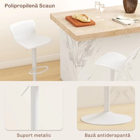 HOMCOM Set 2 Scaune de Bar cu Spătar Ergonomic,  Suport pentru Picioare și Șezut Rotativ, 38,5x40x76,5-97,5 cm, Alb | Aosom Romania