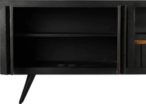Comodă TV living din lemn de mango, negru, cu 2 uși, 2 sertare, nișă deschisă și inserții din ratan împletit, 60 x 145,5 x 40,5 cm, „Cheverny”