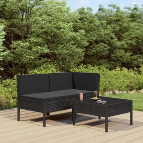 Set mobilier de gradina cu perne, 3 piese, negru, poliratan Negru, 3