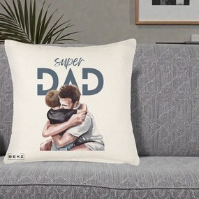 Cadou pentru Tata - Perna Personalizata Super Dad Tata si Fiu Imbratisare, 40x40 cm, Crem Reliefat, Husa Detasabila, Perna Inclusa, BEKZ®
