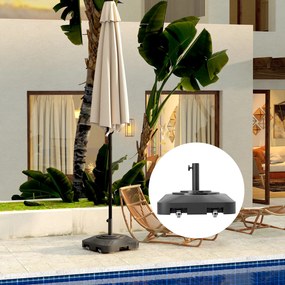 Outsunny Bază pentru Umbrelă cu Roți și 2 Frâne, Bază Reumplibilă din HDPE pentru Umbrelă cu Nisip 25 kg sau Apă 19 kg, pentru Stâlpi de Ø38/48 mm, 48x48x32,5 cm, Negru | Aosom Romania