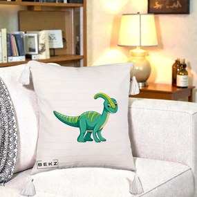 Perna Decorativa Parasaur Verde, 40x40 cm, Bej cu Franjuri, Husa Detasabila, Perna Inclusa, BEKZ®