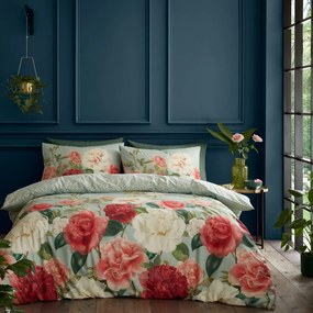 Lenjerie de pat verde/roz din bumbac pentru pat de o persoană 135x200 cm Rose Garden – RHS