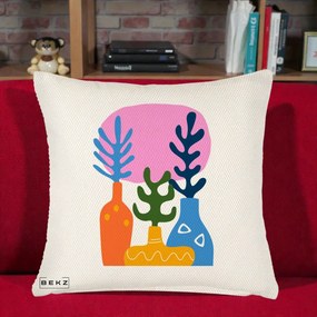 Perna Decorativa Vaze Botanice Abstract, 40x40 cm, Crem Reliefat, Husa Detasabila, Perna Inclusa, BEKZ®