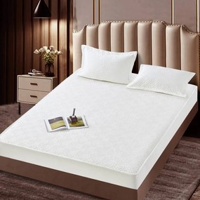 Husa de pat matlasata si 2 fete de perne din catifea, cu elastic, model tip topper, pentru saltea 160x200 cm, alb, HTC-45