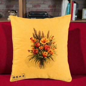 Perna Decorativa Buchet Mixt Acuarela Lavanda-Trandafiri, 40x40 cm, Galben, Husa Detasabila, Perna Inclusa, BEKZ®