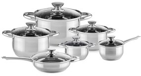 Set de oale Muhler MR-1242, 12 piese, Otel inoxidabil, Fund in trei straturi, Manere reci, Capace din sticla, Inductie, Argintiu