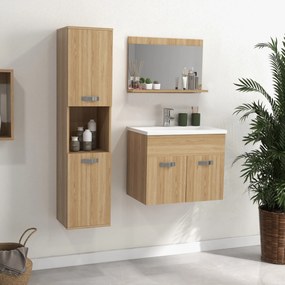 kleankin Set de mobilier de baie oglindă coloană + dulap sub chiuvetă suspendat cu bol, dulap coloană natural | Aosom Romania