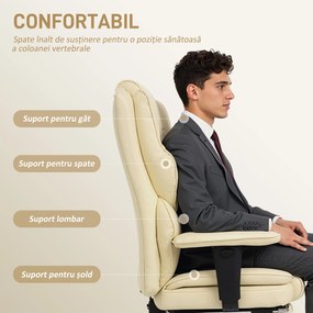 HOMCOM Scaun de birou cu suport pentru picioare și tetieră, din piele PU, spumă și metal, 76x73x117-125 cm, crem | Aosom Romania