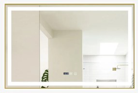 Oglindă Baie LED și Dezaburire Elit's Premium cu Senzor Touch, Lumina Rece, Caldă și Neutră, 100x80 cm, cu rama Bronz Gold Antichizat, Ceas