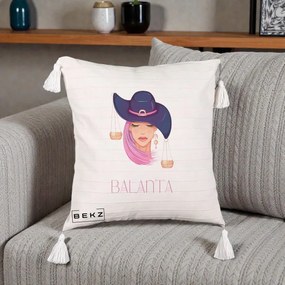 Perna Personalizata Zodiac Balanta Cowgirl, 40x40 cm, Bej cu Franjuri, Husa Detasabila, Perna Inclusa, BEKZ®