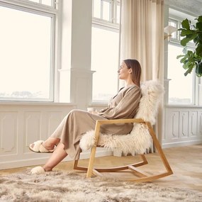 Fotoliu balansoar din lemn de frasin, cu pernă din 100% blană naturală de oaie tibetană, cu fir lung și buclat, „Rocking Chair”