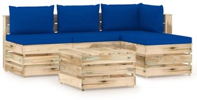 Set mobilier de gradina cu perne, 5 piese, lemn verde tratat albastru si maro, 5