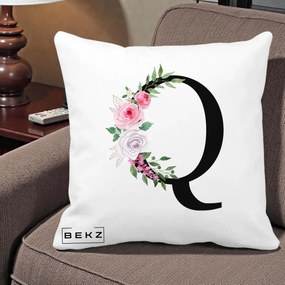 Cadou Personalizat - Perna Personalizata Monograma Florala Litera Q, 40x40 cm, Alba Mata, Husa Detasabila, Perna Inclusa, BEKZ®