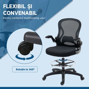 Vinsetto Scaun de Birou Ergonomic, Scaun Rotativ din Plasă, Reglabil pe Înălțime cu Suport pentru Picioare și Cotiere Rabatabile, Capacitate 120kg, Negru | Aosom Romania