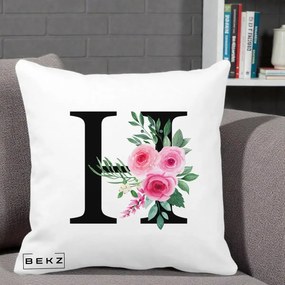 Cadou Personalizat - Perna Personalizata Monograma Florala Litera H cu Trandafiri Roz, 40x40 cm, Alba Mata, Husa Detasabila, Perna Inclusa, BEKZ®