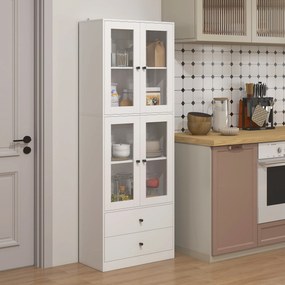 HOMCOM Vitrină Înaltă de Bucătărie 170 cm, 4 Uși din Sticlă, 2 Sertare, Polițe Reglabile, pentru Dining și Living, Alb | Aosom Romania