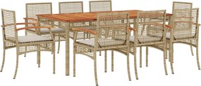 vidaXL Set de masă pentru grădină, 9 piese, cu perne, bej, poliratan