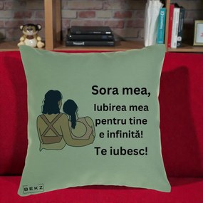 Cadou pentru Sora - Perna Personalizata Sora Mea Te Iubesc Doua Fete Fashioniste Line Art, 40x40 cm, Verde, Husa Detasabila, Perna Inclusa, BEKZ®