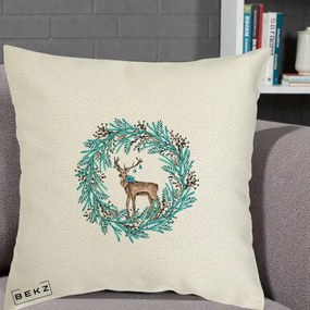 Perna Decorativa Coroana Turcoaz cu Ren, 40x40 cm, Ecru, Husa Detasabila, Perna Inclusa, BEKZ®