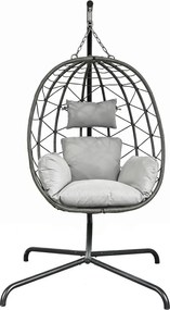 Fotoliu leagan suspendat, cos pliabil, perne moi, rezistent la UV, împletitură PE ratan, structură metalică, pentru interior și exterior, Gri