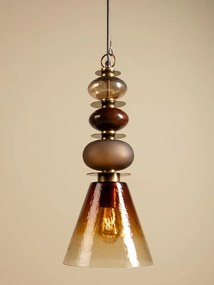 Lustră din sticlă texturată camel cu structură din alamă antichizată cu elemente sferice decorative, formă conică, 65 × 29 cm, „Astrolab"