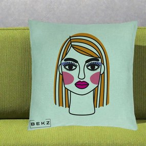 Perna Decorativa Portret Pop Art Fata, 40x40 cm, Verde Menta, Husa Detasabila, Perna Inclusa, BEKZ®