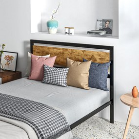 HOMCOM Cadru de Pat Single din Lemn și Oțel 140x200cm, Sipci, Tetieră Stil Industrial, Negru/Maro Rustic | Aosom Romania