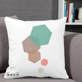 Perna Decorativa Geometric Hexagoane Pastel, 40x40 cm, Alba Mata, Husa Detasabila, Perna Inclusa, BEKZ®