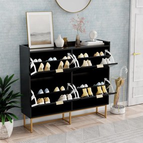 PANN5 - Pantofar 100 cm ingust, 4 compartimente, pantofare, depozitare pantofi, mobilier hol - Negru / Albastru / Gri - Auriu