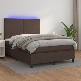 3135828 vidaXL Pat cu arcuri, saltea și LED, maro, 140x200 cm, piele eco