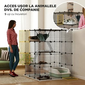 PawHut Căsuță pentru Pisici cu 4 Nivele, 3 Platforme de Sărit, Rampe, 5 Uși și Covoare Antiderapante, 105x105x140 cm, Negru | Aosom Romania